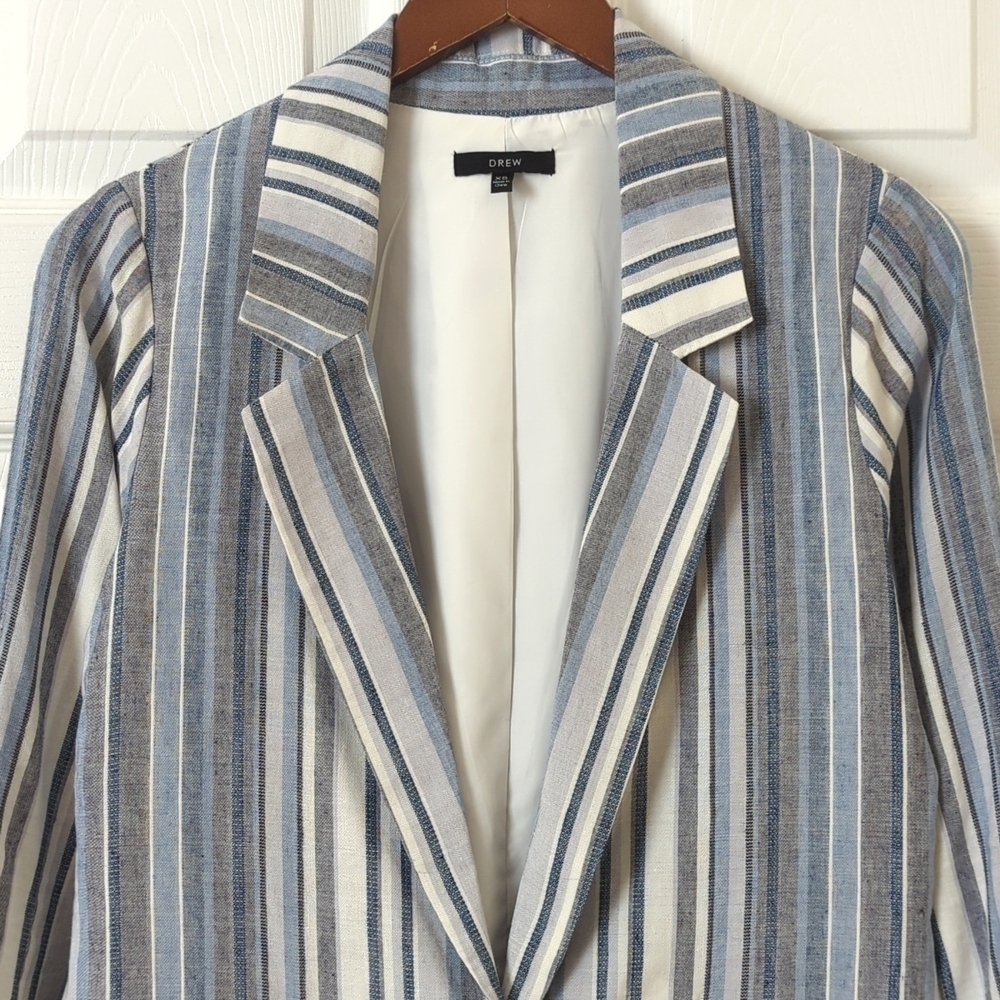 Drew Catalina Striped Linen Blend Boxy Single Button Blazer Jacket Blue Gray XS - Picture 2 of 13